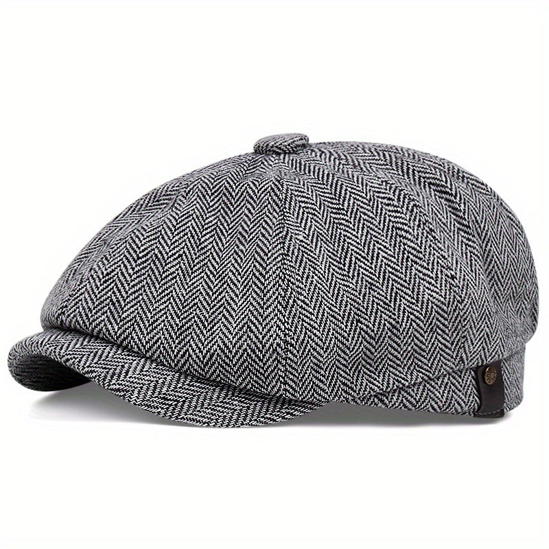 Retro-Schiebermütze im Fischgrätmuster für Herren – Schwarze, lässige Baskenmütze im Vintage-Stil, aus gestricktem Polyester, perfekt für Valentinstag und als Alltagsmütze | Vintage-Schiebermütze | Strickstruktur