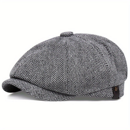 Retro-Schiebermütze im Fischgrätmuster für Herren – Schwarze, lässige Baskenmütze im Vintage-Stil, aus gestricktem Polyester, perfekt für Valentinstag und als Alltagsmütze | Vintage-Schiebermütze | Strickstruktur