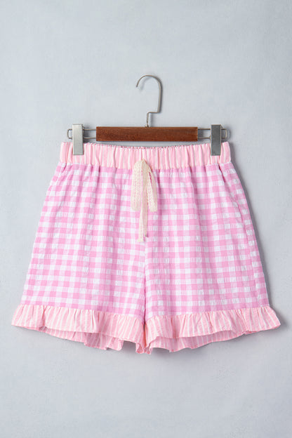 Red Gingham Print Ruffle Striped Detail Lace Tie Shorts