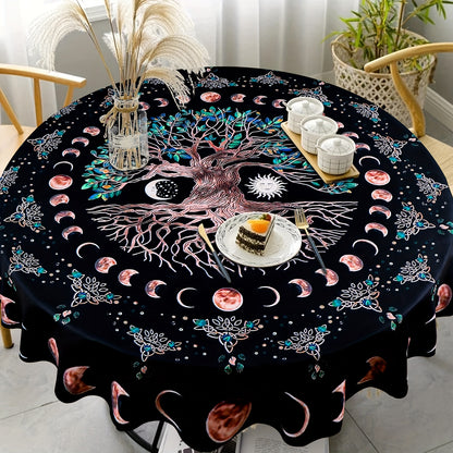 1pc Round Tablecloth 63 Inch, Boho Table Cloth With Sun MoonStar Tree Pattern, Stain Resistant, Absorbent And Wrinkle Free, Circle Table Cover For Home Kitchen Dining Party Patio Indoor AndOutdoor Use, Room Decor, Scene Decor