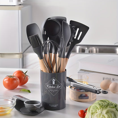 [Non-stick Pot Baking Set] Brodark 12pcs Set, Wooden Handle Silicone Kitchenware Set, Kitchen Baking Cooking Tools Set High Temperature Resistant Non-stick Pot Special Kitchenware, Kitchen Stuff Baking Supplie