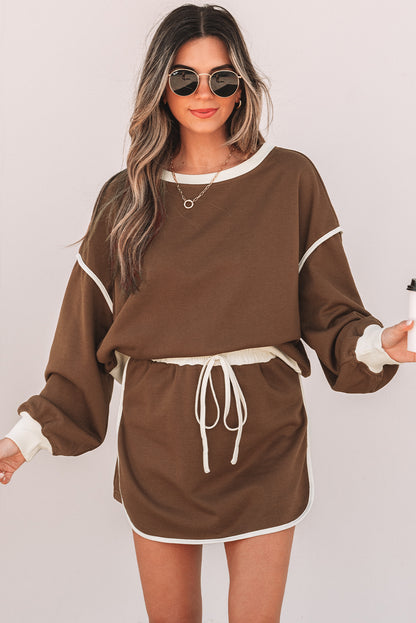 Black Color Contrast Loose Pullover and Lace-up Waist Skort Set