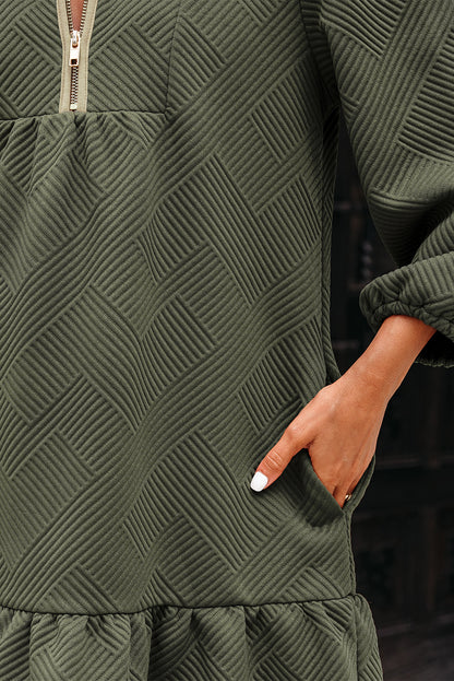 Dearlove Jungle Green Quarter Zip Collar Bracelet Sleeve Textured Mini Dress