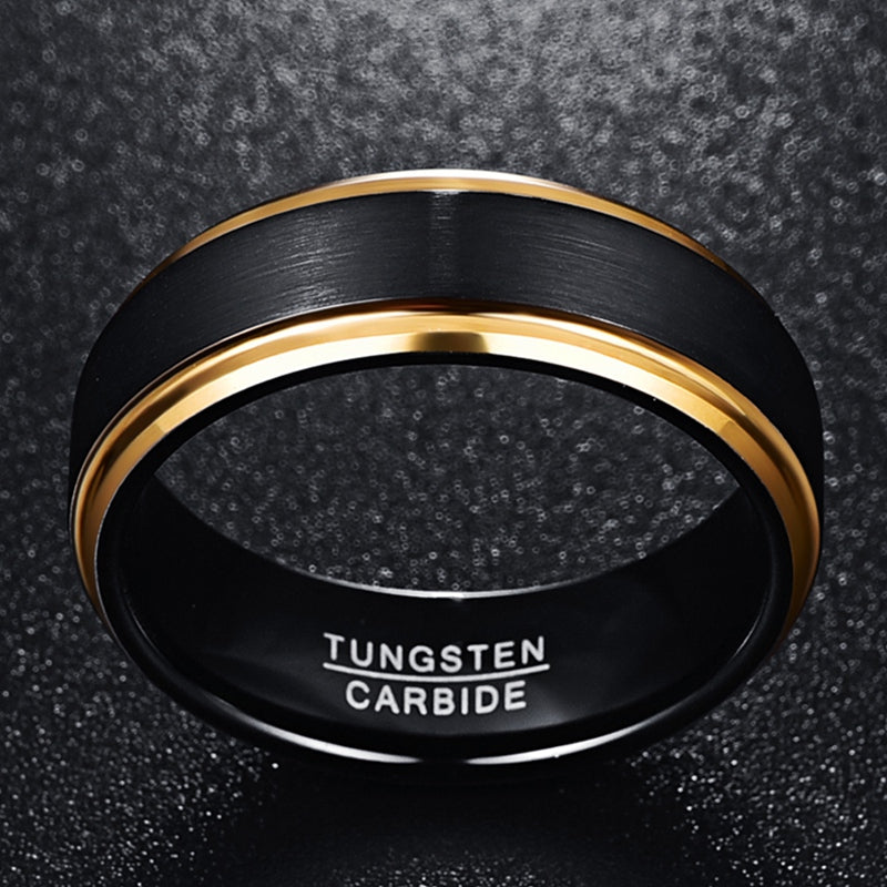 [Goldener Wolframring] Goldener Wolframring | 8 mm breit, Vakuumplattierung, mattschwarze Oberfläche, Herrenring, US-Größe 7–15