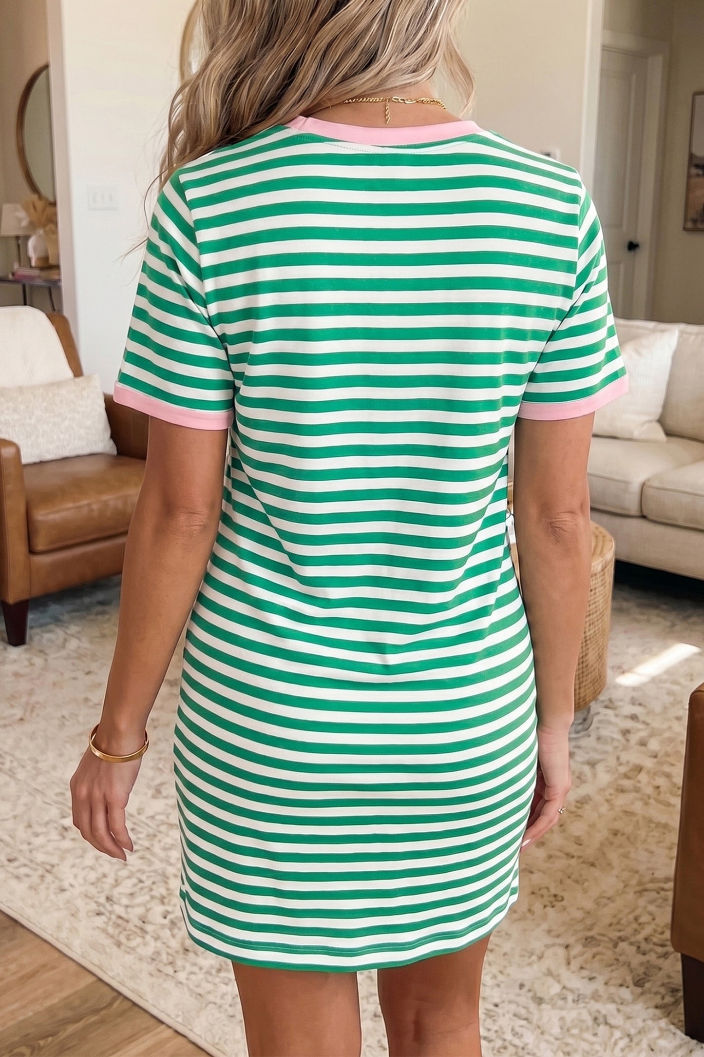 Sky Blue Stripe Nautical Tie Contrast Trim Round Neck T Shirt Mini Dress