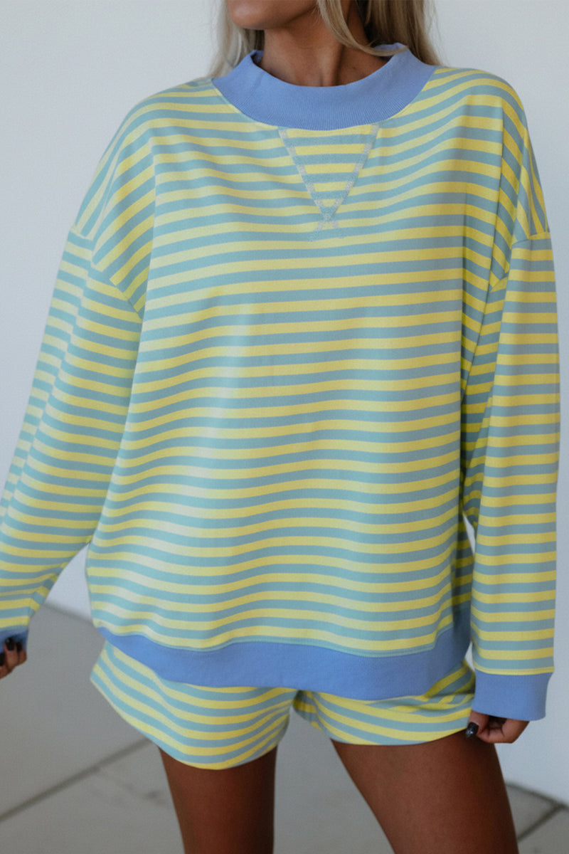 Yellow Stripe Color Block Detail Long Sleeve Pullover Elastic Waist Pull On Shorts 2pcs Set