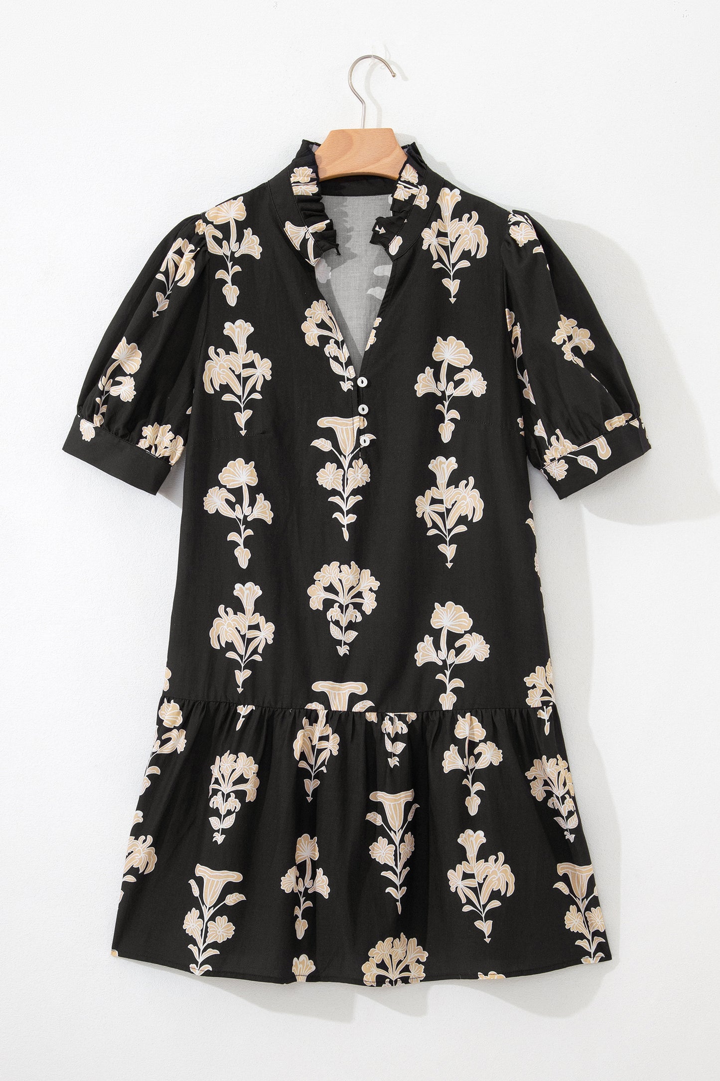 Black Frilled V Neck Puff Short Sleeve Floral Mini Dress