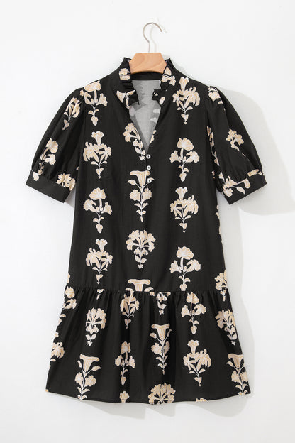 Black Frilled V Neck Puff Short Sleeve Floral Mini Dress