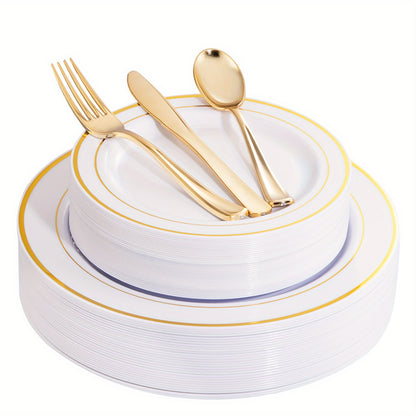 50pcs Gold Plastic Plates with Silverware, Gold Dinnerware Set Perfect for Wedding Includes: 10 Dinner Plates 10.25", 10 Salad Plates 7.5", 10 Gold Silverware Sets, White Gold Plates for Party, Holidays, Hand washable and reu