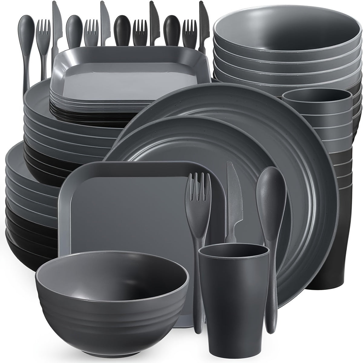 64pcs/set Wheat Straw Unbreakable Dinnerware Set - Durable, Reusable, Dishwasher Safe Tableware for Indoor/Outdoor Use - Includes Plates, Bowls, Mugs, Cutlery in Beige Color
