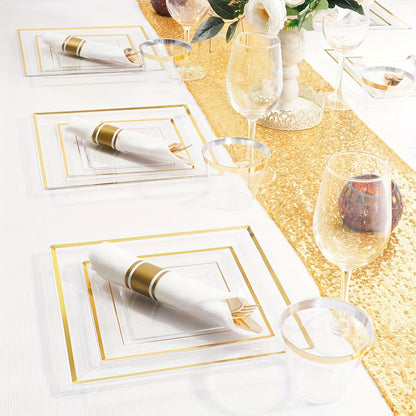 350pcs, Tableware Set, Golden Party Supplies, Plastic Dinnerware Set, Including Napkins, Cups. Plates, Spoon, Forks, Knives, Serve 50 Guests For Birthday And Party