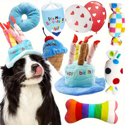 9 Pack Dog Chew Toys Interactive Pickup Toys Dog Birthday Toy Set, 9 Puppy Plush Pet Toys, Including Squeaky Cake Hat, Headscarf, Dessert Themed Toys, Balloons, Dog Birthday Party