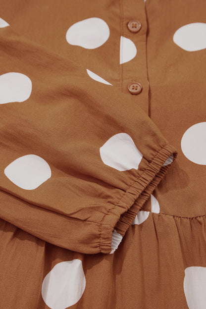 Brown Polka Dot Button Front Long Sleeve Shift Dress