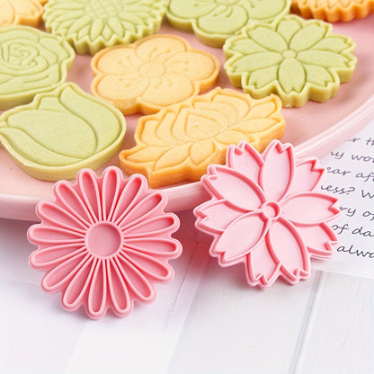 8pcs Flower Biscuits Mould Food Grade 3D Cartoon Pressable Biscuit Mold DIY Cookie Stamp Kitchen Baking Accessories Pastry Bakeware