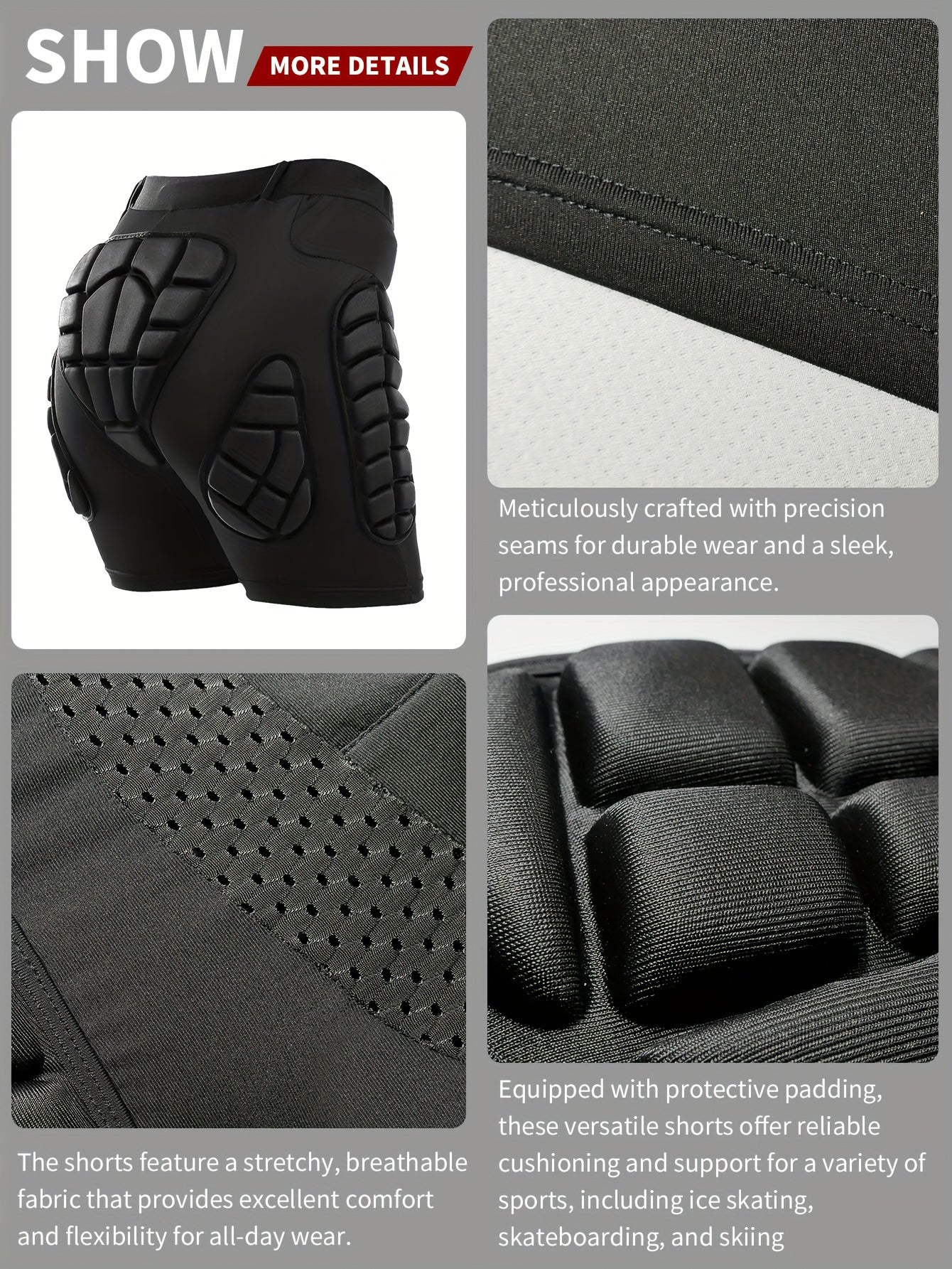 Atmungsaktive VEPAUS 3D-gepolsterte Shorts für Eishockey, Snowboarden, Gymnastik und Rollschuhlaufen – feuchtigkeitsableitend, flexibel, hochelastisches Polyester-Strickgewebe, normale Passform, Sportbekleidung für alle vier Jahreszeiten