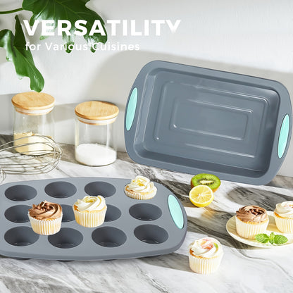 51/46 Pieces Silicone Bakeware Set, Non-Stick Kitchen Oven Baking Pans, Silicone Cake Molds with Muffin Pan, Cookies Baking Sheet, Cake Pan, Donut Pan and Loaf Pan  with 24 Pack Silicone Baking Cups, 17pcs Measuring Cups and