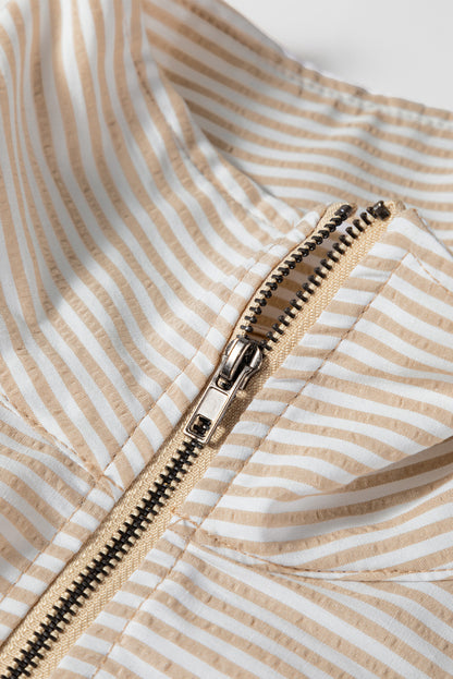 Smoke Gray Quarter Zip Striped Patchwork Drop Shoulder Loose Long Sleeve Top