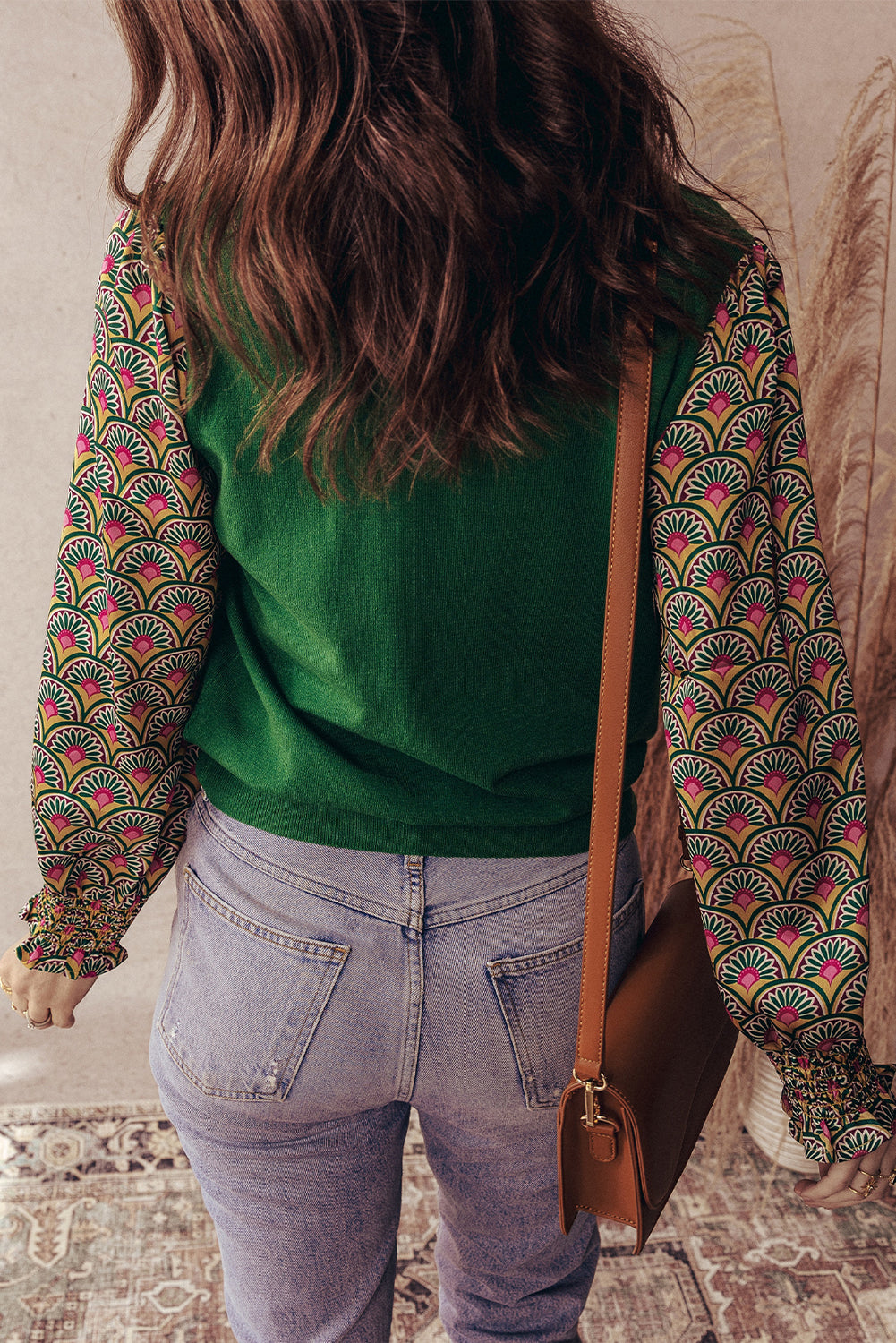 Apricot Floral Patchwork Shirred Cuff Puff Sleeve Sweater