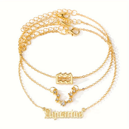 3 Pieces/ Set Golden Zodiac Anklets Set, Bohemian Elegant Ladies Multi-Piece Chain, Fashion Astrological Sign Charms For Women