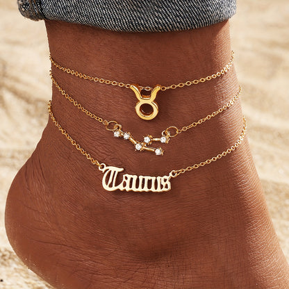 3 Pieces/ Set Golden Zodiac Anklets Set, Bohemian Elegant Ladies Multi-Piece Chain, Fashion Astrological Sign Charms For Women