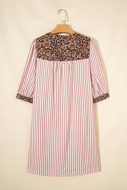 Pink Stripe Square Button Leopard Trim Loose Bracelet Sleeve Shirt Dress