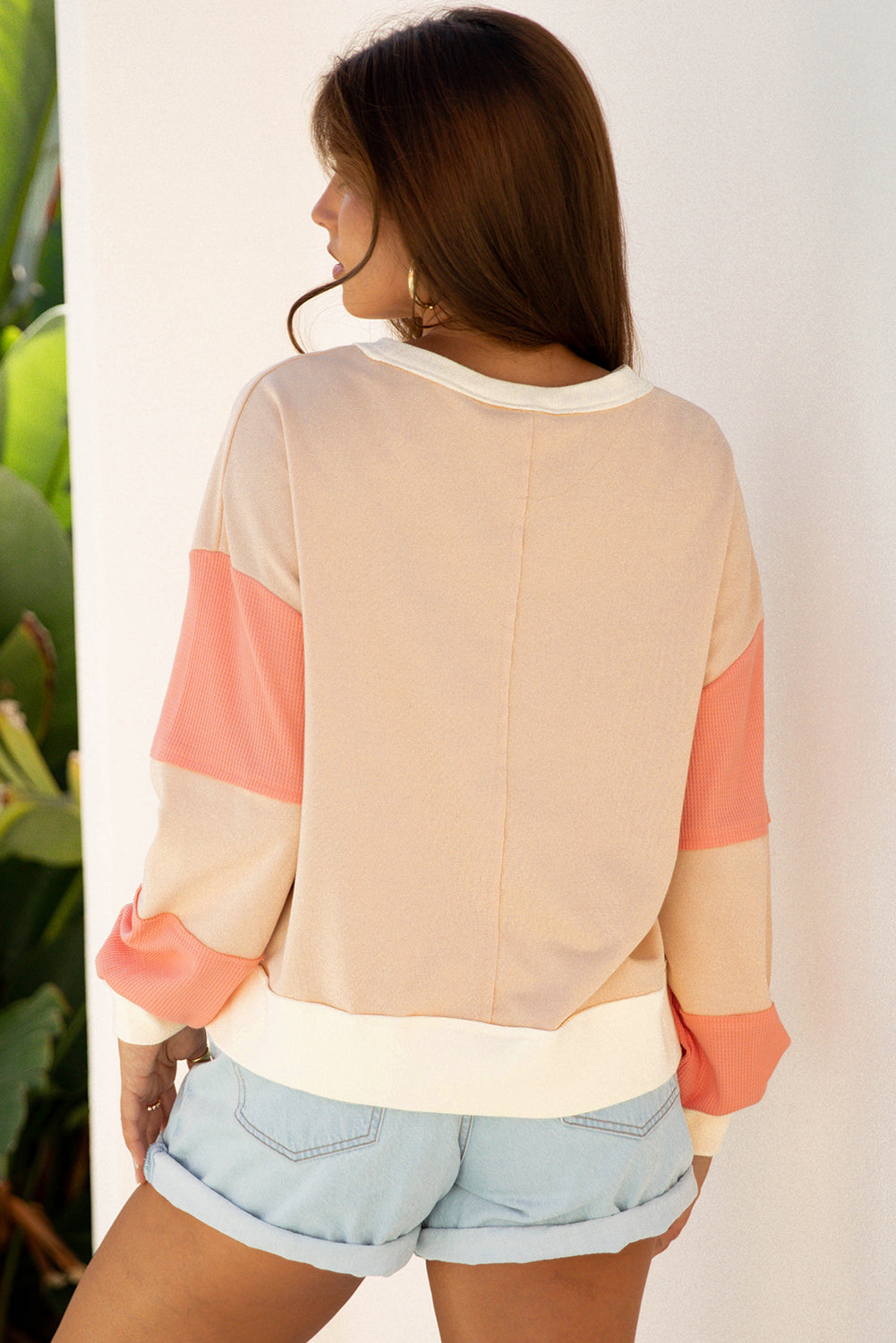 Light French Beige Color Block Textured Patchwork Pullover Sweatshirt