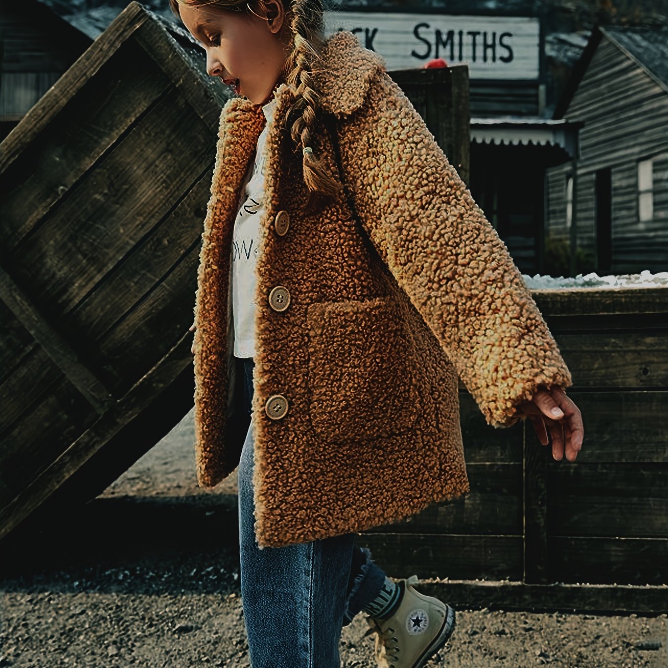Mädchen-Lammfelljacke | JOMAKE Koreanischer Stil, Reverskragen, zweifarbig, warmer Windbreaker mit Taschen, Futter, Knopfverschluss, lange Ärmel für den Winter
