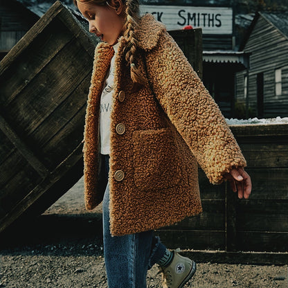 Mädchen-Lammfelljacke | JOMAKE Koreanischer Stil, Reverskragen, zweifarbig, warmer Windbreaker mit Taschen, Futter, Knopfverschluss, lange Ärmel für den Winter