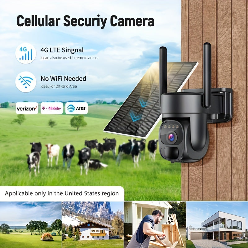 4G LTE Solar-Powered Outdoor Security Camera with 1080P HD Night Vision, 360° Pan-Tilt Spotlight, 2-Way Talk, PIR Motion Sensor, Wireless Cellular Drone-Like Tracking (No WiFi//) - US Version, SIM Card Required (Bring Your