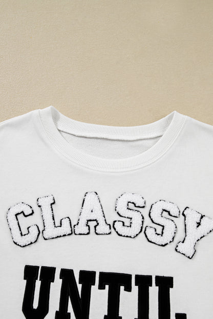 White CLASSY UNTIL KICKOFF Plush Letter Patched Loose Sweatshirt