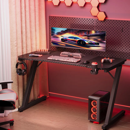 Devoko Gaming Table 120x60 cm Gaming desk PC table with headphones hook and carbon fiber coating