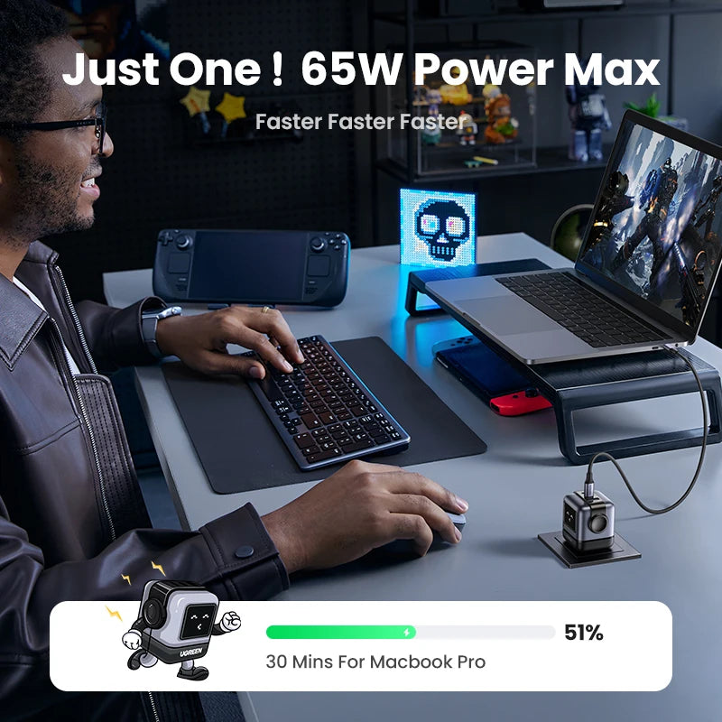 【US-Stecker】UGREEN 65W 30W GaN-Ladegerät im Roboter-Design mit PD3.0-Schnellladefunktion, QC4.0, 3.0 und PPS für iPhone 17, 16, 15 Pro, MacBook, Laptop und Tablet