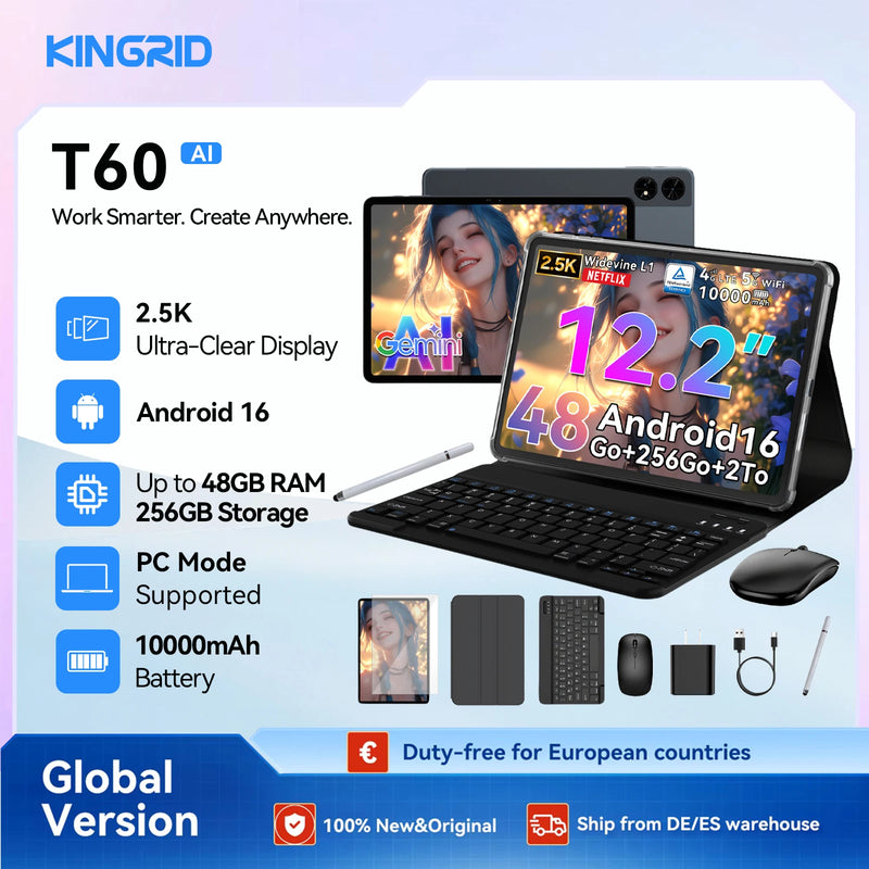 KINGRID T60 Android 16 Tablet PC with Keyboard Mouse Case, 12.2 Inch 2.5K Display, 24GB RAM 256GB ROM, Octa Core T7280 Processor, 10000mAh Battery, 4G LTE Dual SIM, PC Mode, Tablet for Work Study and Entertainment Tablet andr