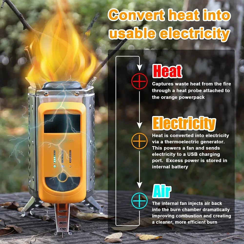 Outdoor Camping SmokeFree Stove Portable Power Generating Furnace Hiking Burner Stove USB Rechargeable Fire Wood Heater