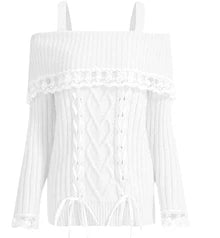 Women's Cold Shoulder Sweaters Long Sleeve Contrast Lace Knit Pullovers Bow Front Jumper Tops