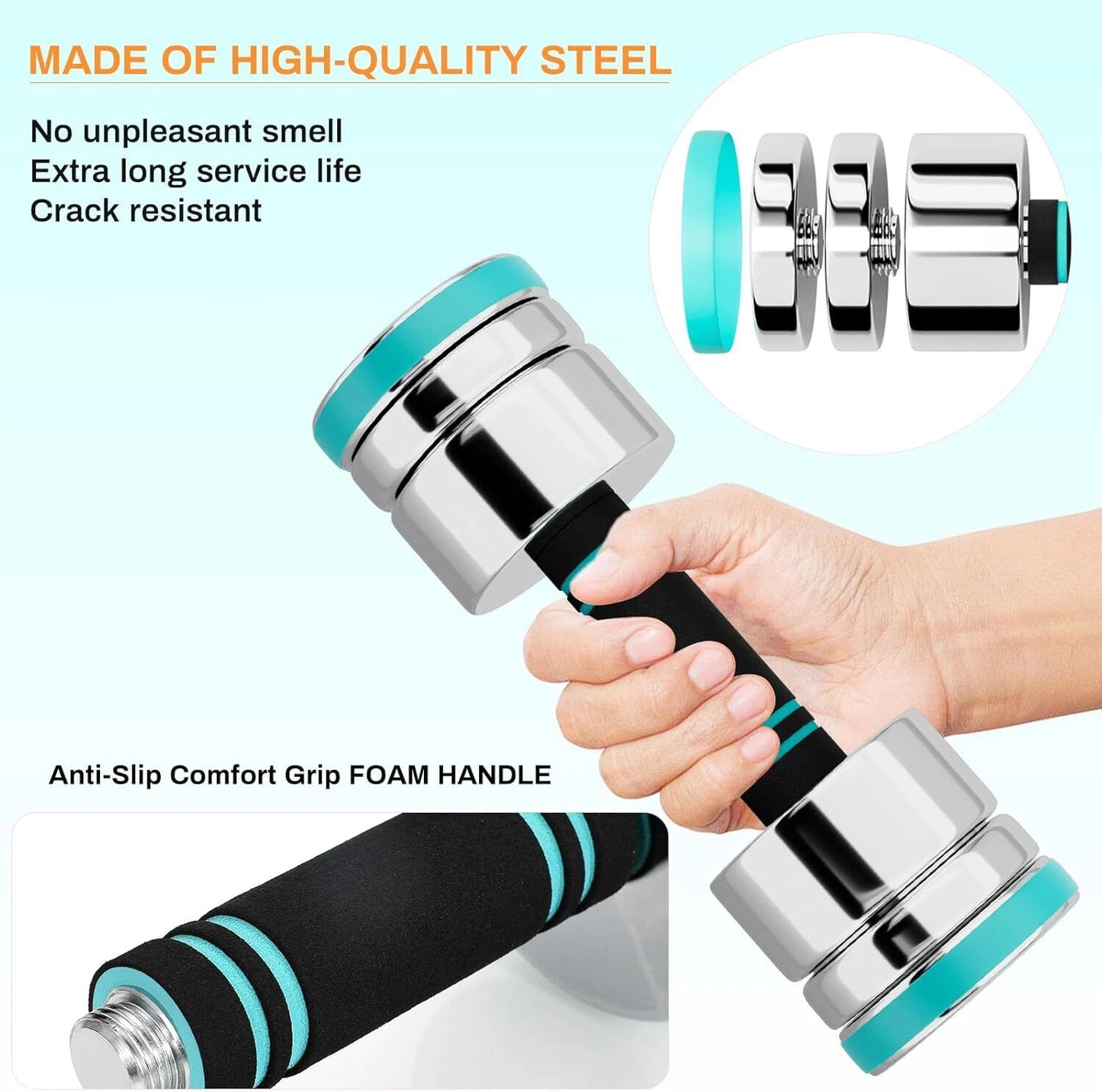 Electroplated Stainless Steel Dumbbells - Dumbbell Set of 2 Ultra Compact Adjustable 5 kg 10 kg 15kg with Foam Handle - Fitness