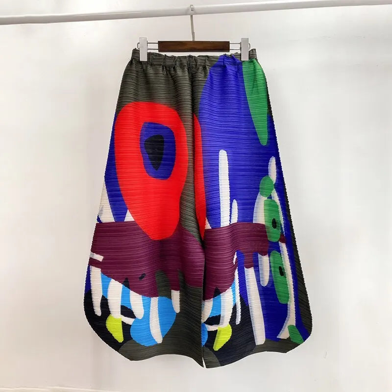 Miyake Pleated Wide Leg Pants Woman Multicolor Print Elastic High Waist Loose Plus Size 2022 New Autumn Women Clothing