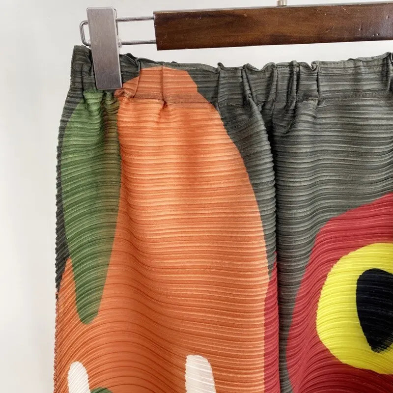 Miyake Pleated Wide Leg Pants Woman Multicolor Print Elastic High Waist Loose Plus Size 2022 New Autumn Women Clothing
