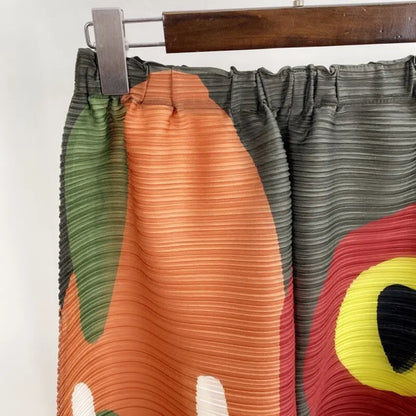 Miyake Pleated Wide Leg Pants Woman Multicolor Print Elastic High Waist Loose Plus Size 2022 New Autumn Women Clothing