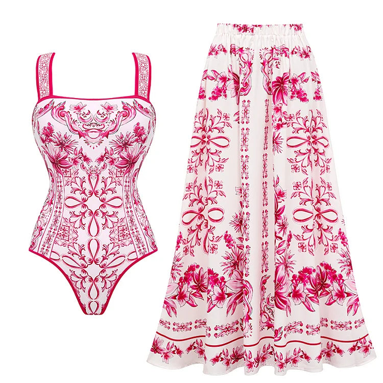 Flaxmaker Summer New Women Sexy Hawaiian Lace Up V Neck Ruffle Swimsuit and Sarong Women Swimwear Set Push Up Bathing Suit