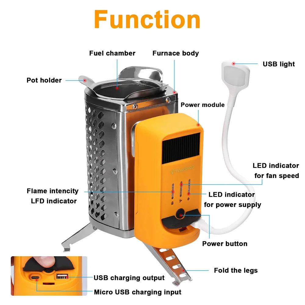 Outdoor Camping SmokeFree Stove Portable Power Generating Furnace Hiking Burner Stove USB Rechargeable Fire Wood Heater