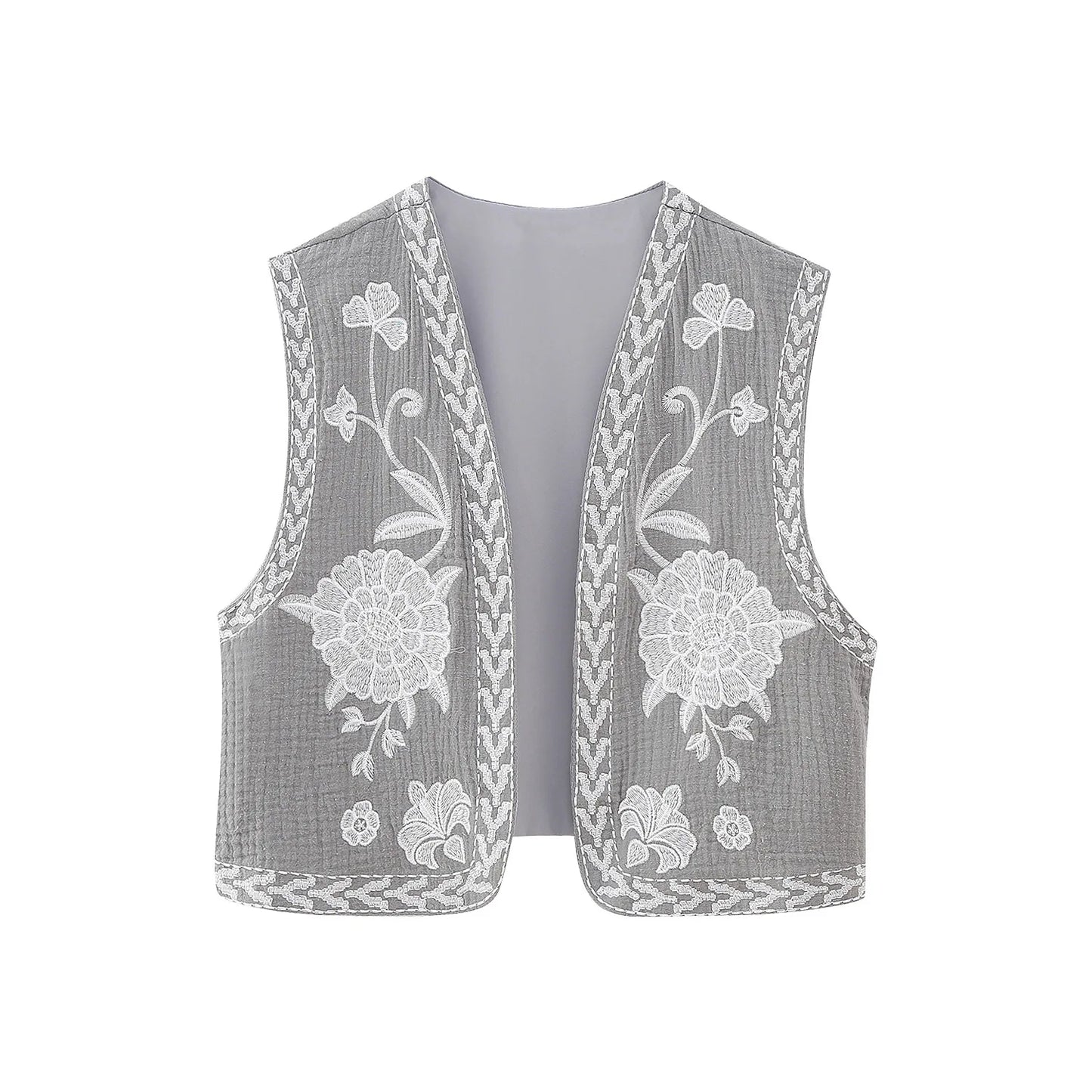 Women's Vintage Floral Embroidered Open Waist Coat Casual Vacation Crop Top National Style Vest Jacket for Ladies