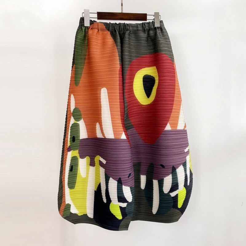 Miyake Pleated Wide Leg Pants Woman Multicolor Print Elastic High Waist Loose Plus Size 2022 New Autumn Women Clothing