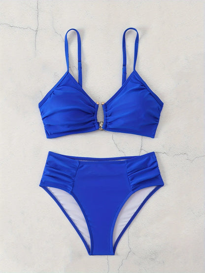 Summer European & American Gold-Accent Cutout | Women's Bikini Set, Sleek Luxury Style, Summer Beach Gala Outfit