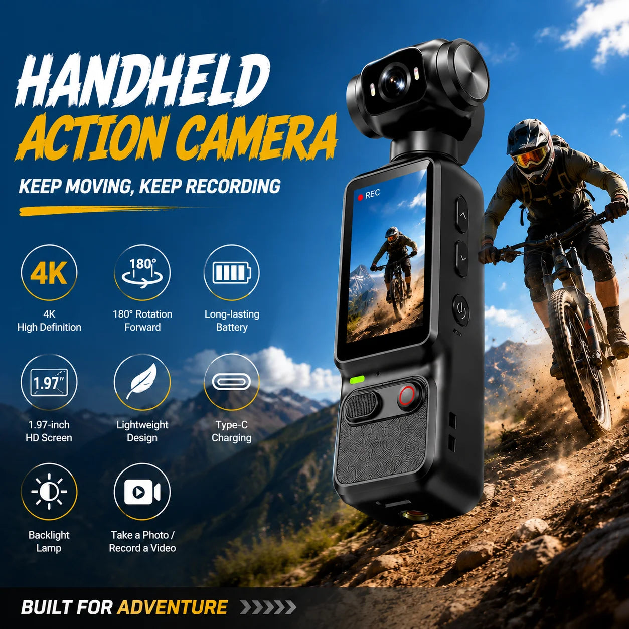4K HD Handheld Outdoor Action Camera Portable Pocket Camera 180 ° Rotating Record Vlog Life Video Recording Entry Action Camer