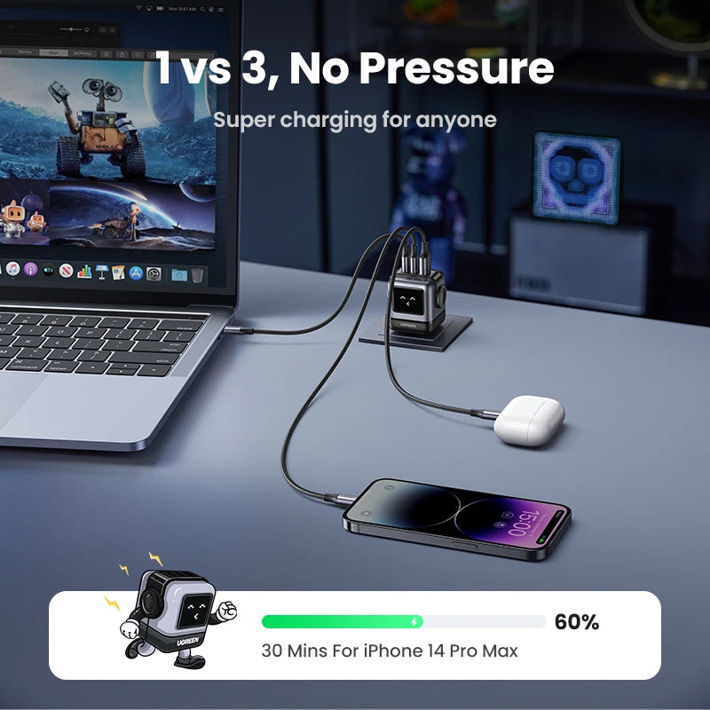 【US-Stecker】UGREEN 65W 30W GaN-Ladegerät im Roboter-Design mit PD3.0-Schnellladefunktion, QC4.0, 3.0 und PPS für iPhone 17, 16, 15 Pro, MacBook, Laptop und Tablet