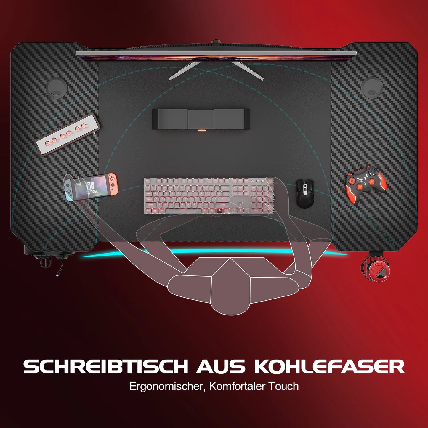 Devoko Gaming Table 120x60 cm Gaming desk PC table with headphones hook and carbon fiber coating