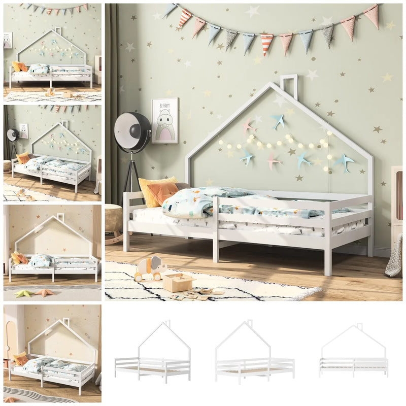 Anajqaqia 90x200 cm Single Bed, Children's Bed with Safety Rails and Slatted Frame, House Bed Design, Pine, White