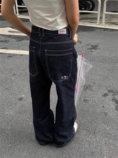 Y2k Embroidered Black Wide Leg Jeans Women American Retro Casual Loose Denim Pants Streetwear 2025 New High Waist Baggy Trousers