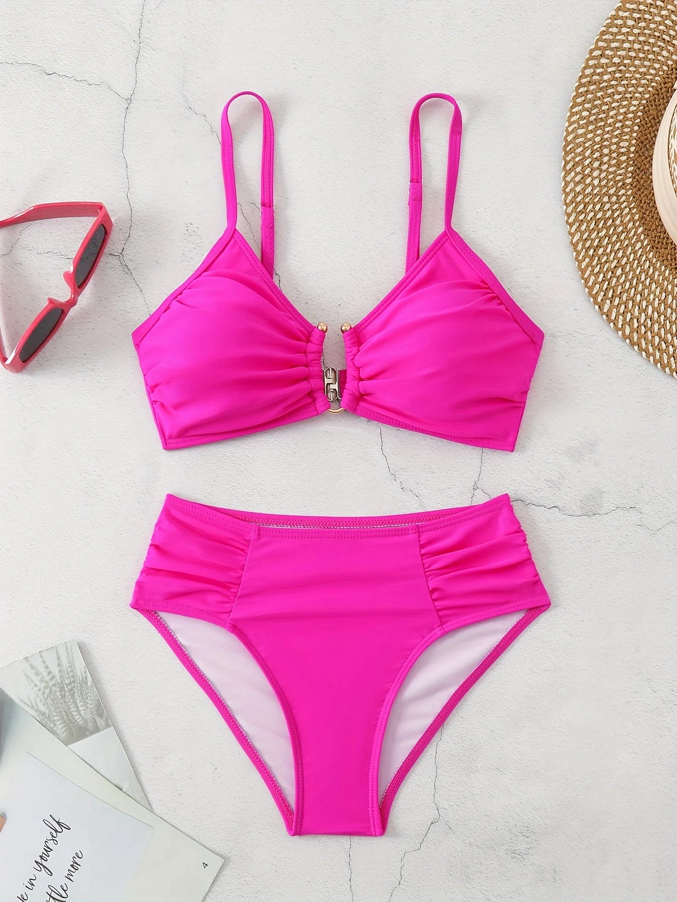 Summer European & American Gold-Accent Cutout | Women's Bikini Set, Sleek Luxury Style, Summer Beach Gala Outfit